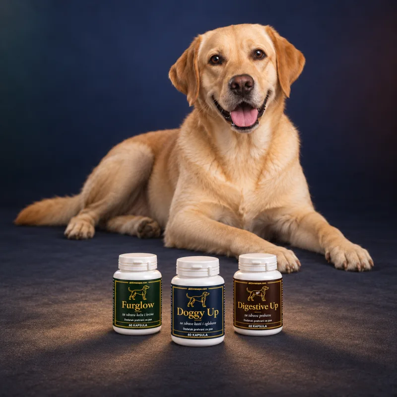Labrador i tri bočice: Furglow, Doggy Up i Digestive Up