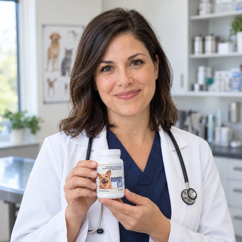 Veterinarka drži bočicu Doggy Up u ordinaciji