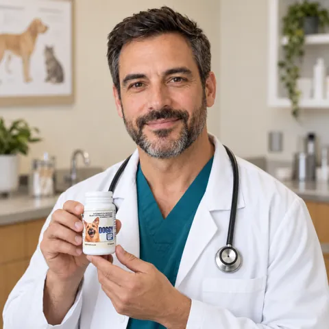 Naš veterinar drži bočicu Doggy Up